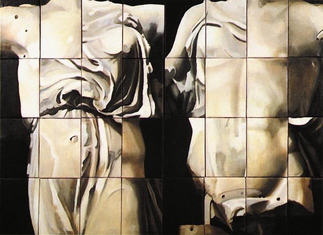 «Partial Triumph II», Galeria Berini, Barcelona, 1992, installation view, two torsos, oil on canvas, 32 interchangable parts, 30x20 each  «Частичный Триумф II», Galeria Berin, Барселона, 1992, деталь инсталляции, холст, масло, 32 модульных элемента, 30х32 каждый